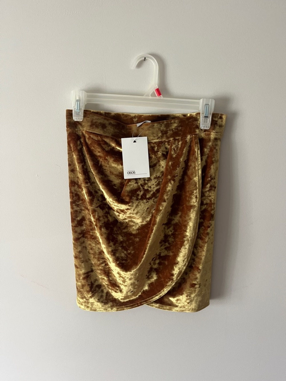 NWT ASOS Gold Crushed Velvet Faux Wrap Tulip Hem Mini Skirt